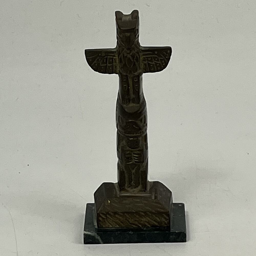 Vtg Native American Totem Pole Figurine Metal Sculpture Green Marble Base